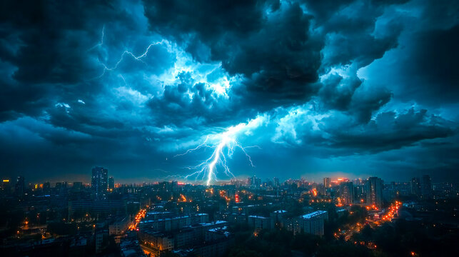 City being struck and surrounded by lightning during large thunderstorm in storm season, neighbourhood area