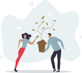 People characters planting tree seedling. Characters trying to save planet earth from climate change.human life.