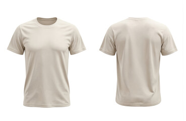 Classic beige unisex t-shirt mockup, front and back view. Blank cotton tee shirt with round neck, short sleeves, jersey fabric. Clothing apparel template for retail shop sales.