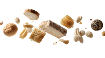 Variety of gluten free products, including bread, pasta, and cookies, are artistically arranged in mid air, showcasing their texture and diversity. image conveys sense of lightness and freedom