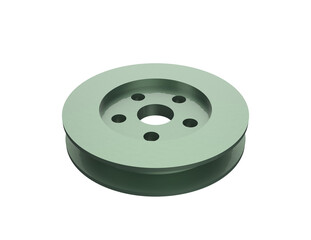 High-resolution 3D rendered gray metallic pulley with five bolt holes and a central axle bore, perfect for mechanical designs or industrial projects, isolated on a PNG Transparent HD Background.