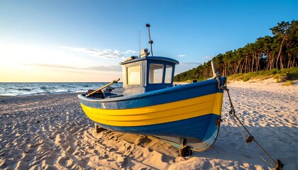 Fototapeta premium Colorful fishing boat on sandy beach at sunrise