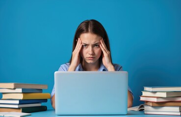 Stressed student holding head with hands in front of laptop. Pile of books surrounds desk. Represents academic pressure, study overload, exam preparation, mental exhaustion in digital learning