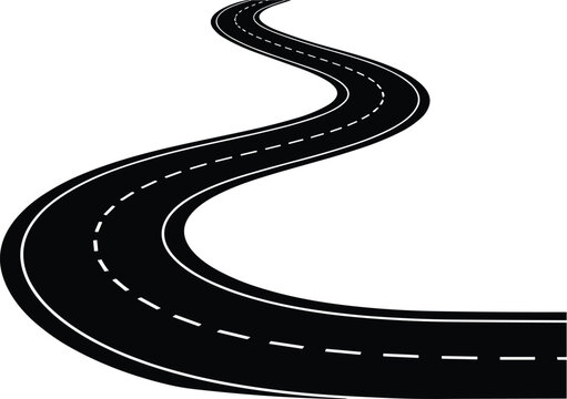 Curvy winding road with dashed lines illustration, endless highway path, journey forward, direction, and travel concept vector graphic.