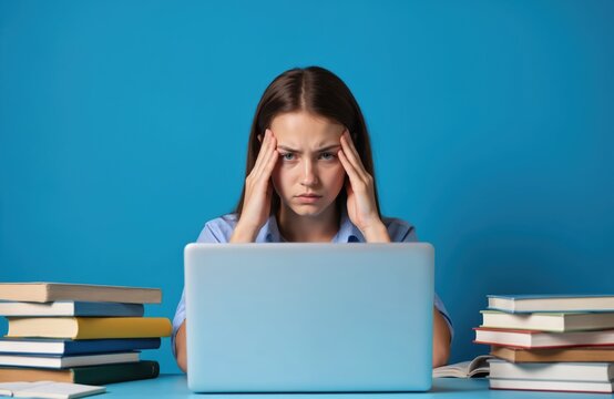 Stressed student holding head with hands in front of laptop. Pile of books surrounds desk. Represents academic pressure, study overload, exam preparation, mental exhaustion in digital learning