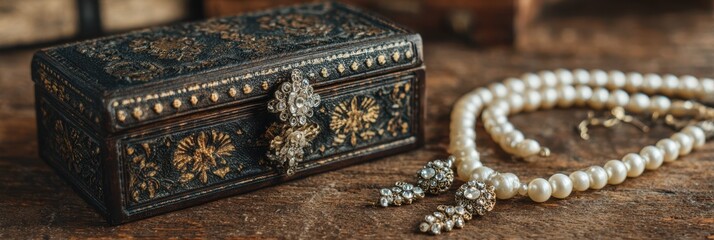 Vintage jewelry box with elegant pearl necklace displayed on rustic wooden table in warm light