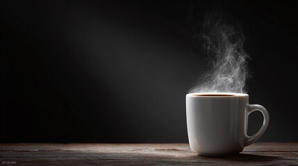 Steaming Mug: Aromatic beverage on a wooden table against a dark backdrop, symbolizing warmth, comfort, and a moment of relaxation.