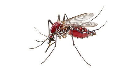 Ultra realistic UHD macro of a single mosquito with vibrant red and white striped abdomen, transparent wings, and proboscis on a pristine plain white studio background, high-angle shot, no shadows,