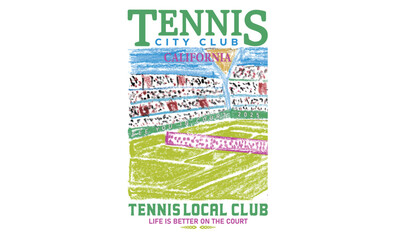 Tennis court graphic design. Tennis club artwork for t shirt, posters, stickers, background and others. Athletic club art. Tennis stadium painting by oil pastel. California local tennis club.
