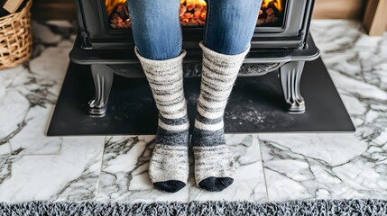 Cozy Winter Feet by Fireplace Warm Striped Socks Marble Floor
