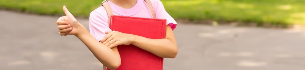 Happy smiling Caucasian little kid girl daughter schoolgirl pupil teenage student looking at camera female joyful child showing thumb up finger good sign recommend school holiday in park city outdoors