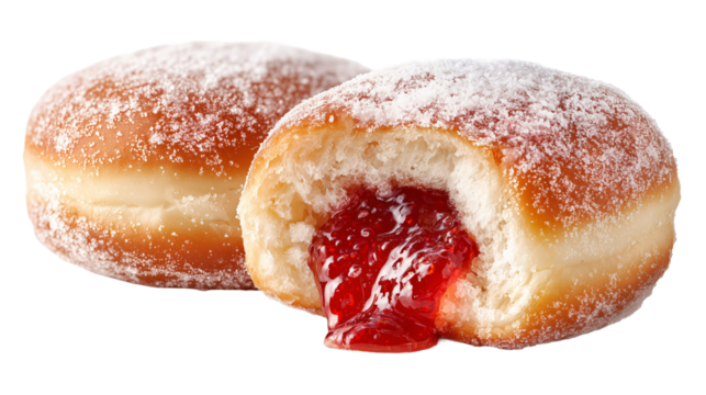 Two jelly filled doughnuts with powdered sugar, one with bite showing red jelly filling, create tempting and sweet treat