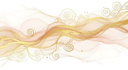 Ethereal gold swirls and blush watercolor waves on white background, creating a luxurious abstract design.