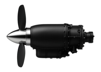 Compact turboprop engine with a short, wide propeller hub and matte black finish