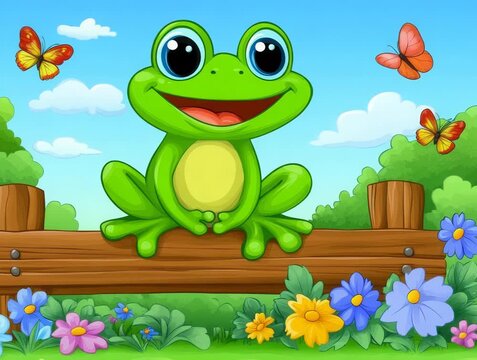 Cheerful cartoon frog with butterflies and flowers in a bright scene.