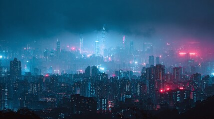Naklejka premium Cityscape at Night: A dense metropolis glows with artificial light, veiled in fog and mystery, creating an enchanting urban panorama.