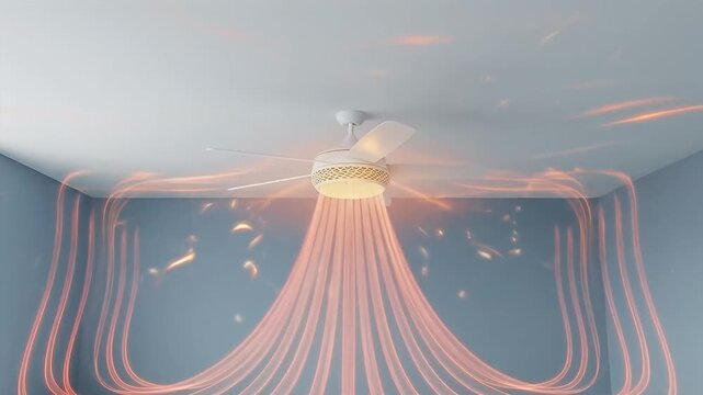 Ceiling fan airflow visualization with blue cool air down center and red warm air rising along walls
