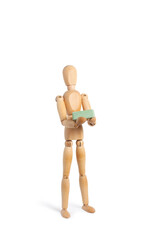 A wooden toy mannequin holding a green soap on white background
