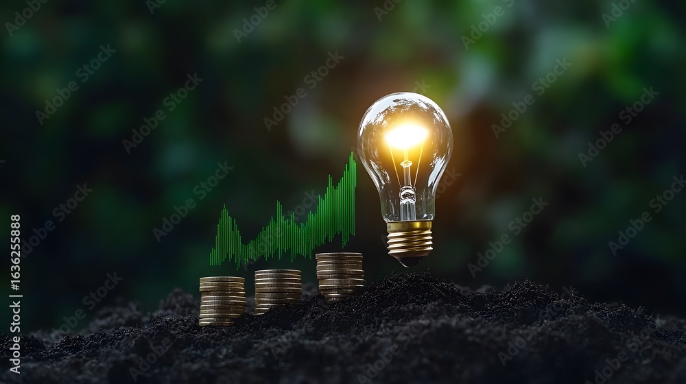 Poster light bulb with growth chart and stacks of coins in soil background