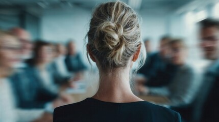 Back view of confident businesswoman leading a meeting symbolizing female leadership and presence in positions of power.