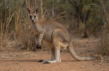 Euro wallaroo captured in natural habitat against Australian bush backdrop. Marsupial stands on sandy ground in wild. Native wildlife animal in natural reserve, conservation concept.