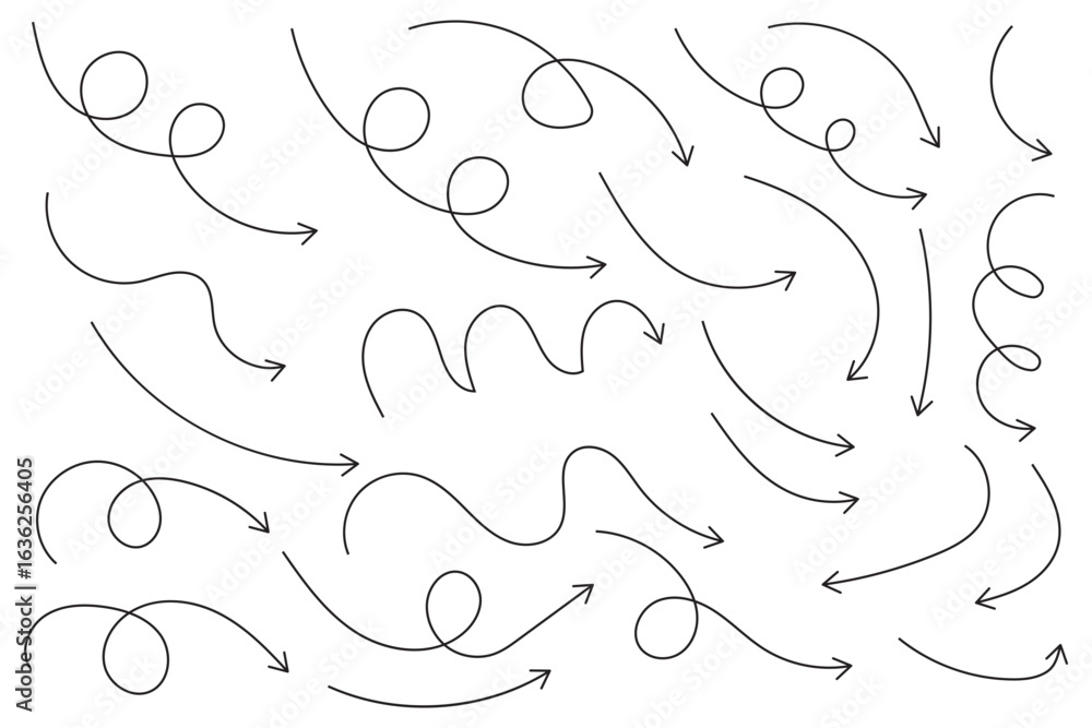 Poster hand drawn arrows icon set. sketch curved arrows design. arrow handmade. doodle arrows of varios sha