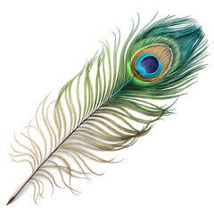 Obraz premium A single iridescent peacock feather displayed against a white background