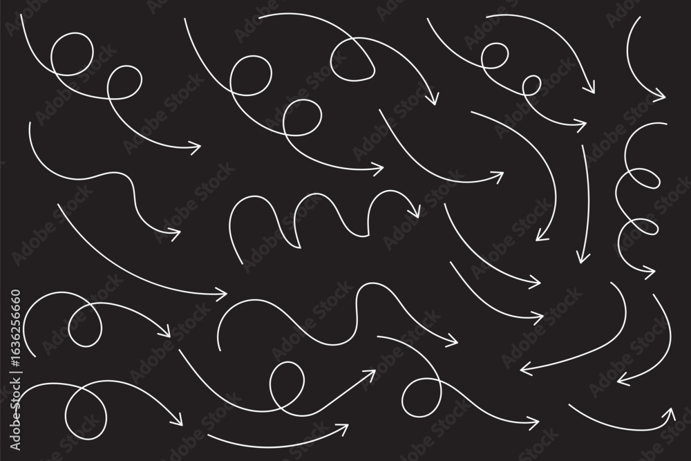 Poster hand drawn arrows icon set. sketch curved arrows design. arrow handmade. doodle arrows of varios sha