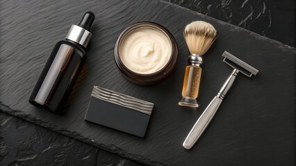 modern men’s grooming items: beard oil, matte moisturizer, razor and aftershave balm