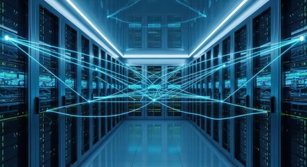 Cybernetic Nexus: Glowing Blue Data Streams in a Futuristic Server Hall