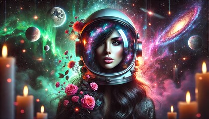 A portrait of a young woman wearing a futuristic astronaut helmet with a reflective visor displaying celestial elements