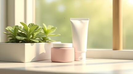 A bright and elegant image of blank cosmetic containers. A soft pink cream jar and a white skincare tube sit on a windowsill, perfect for luxury brands.