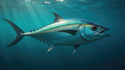 Fototapeta premium Tuna fish swimming underwater in deep blue water.
