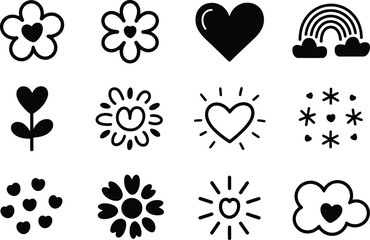 Fototapeta premium Twelve black and white doodle style icons of flowers hearts and rainbow