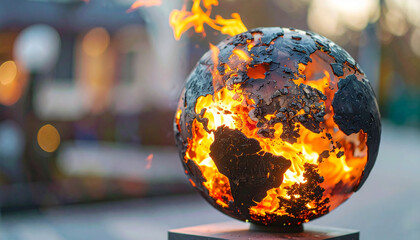 Fiery globe sculpture. Burning world. Global warming and climate crisis. Ecological disaster.