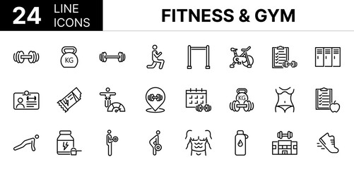 Collection of 24 Fitness & gym line icons featuring editable strokes. These outline icons depict various modes of Fitness & gym, physical exercise, icon, line, strength training, weightlift, cardio,