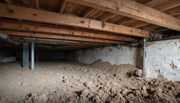 Underfloor view of residential crawl space showing wooden beams, support posts, concrete foundation walls. Earth, debris cover ground. Visible plumbing pipes, electrical wiring suggest potential