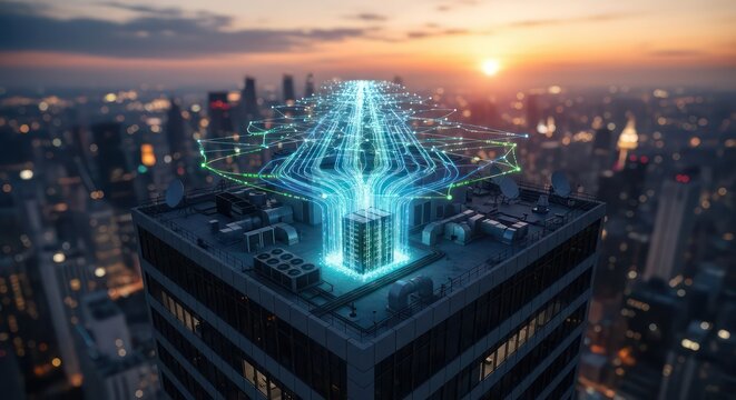 Digital Nexus on a Skyscraper Rooftop Radiating Data Streams Over a Sunset City. - Powered by Adobe