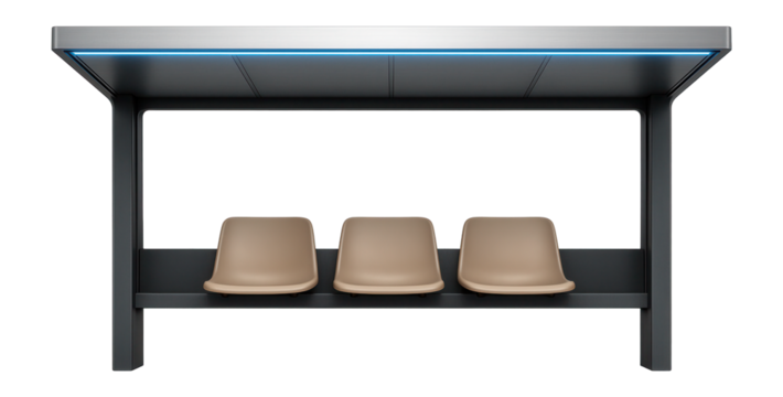 Intercity bus terminal with a flat, extended roof and integrated seating