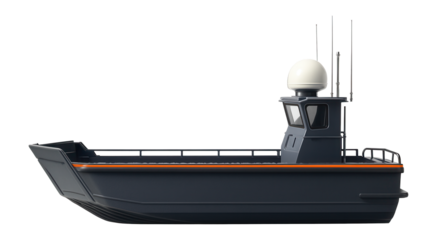 Coastal landing craft with radar dome and communication antennas