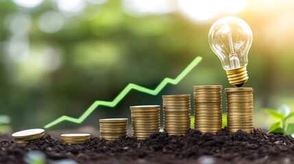 Growth Concept with Coins, Light Bulb, and Green Upward Trend