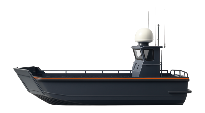 Coastal landing craft with radar dome and communication antennas