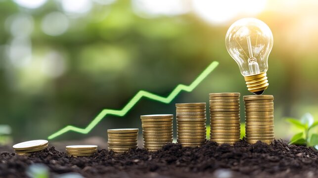 Growth Concept with Coins, Light Bulb, and Green Upward Trend
