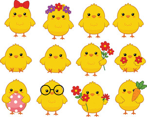 Cute yellow baby chicks with flowers, bows, glasses, carrot, polka dot egg, cartoon style, isolated on white background, perfect for Easter, kids, and spring design