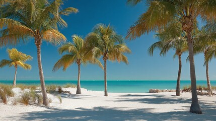 Obraz premium Tropical paradise: Palm trees frame a tranquil beach with white sand meeting turquoise water under a clear blue sky. Serene coastal bliss.