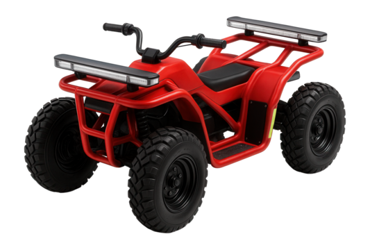 Four-wheeled rescue quad with a bright red frame and emergency lights