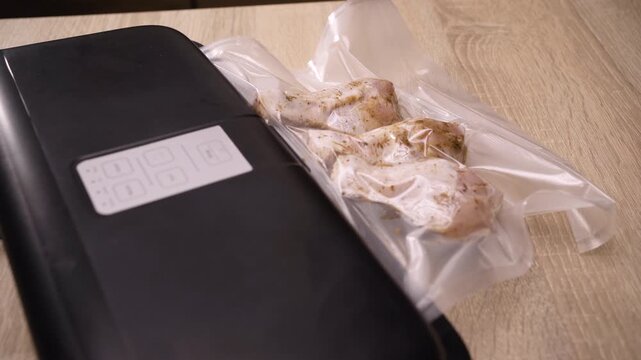 Vacuum chicken marinated drumsticks packaging for long-term storage. vacuum sealer. Woman Vacuuming food in the kitchen