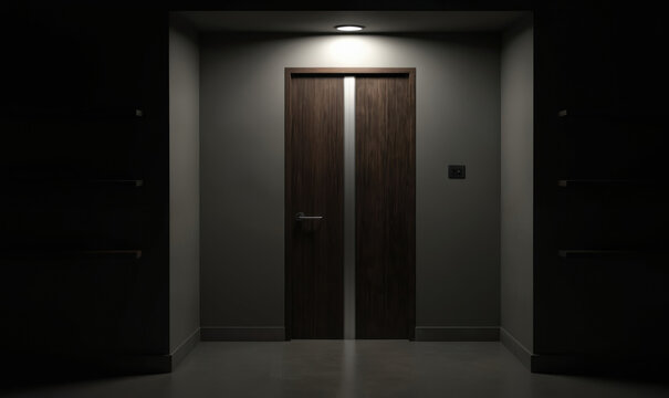 Dark hallway features modern wooden double doors with brushed metal handles. Single overhead light illuminates scene. Minimalist interior design suggests office, hotel, contemporary building lobby