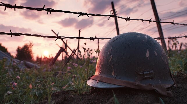 War helmet resting in a field. The sun is setting. Barbed wire in background. Remembering the fallen heroes of the battleground. Symbol of conflict.