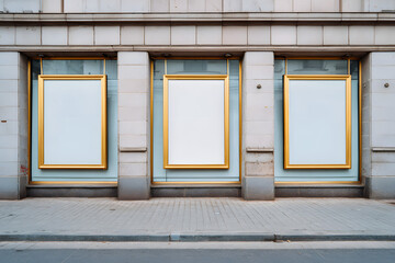 Empty storefront wall with three golden-framed blank windows under soft daylight for branding or advertisement concept with clean architecture style.